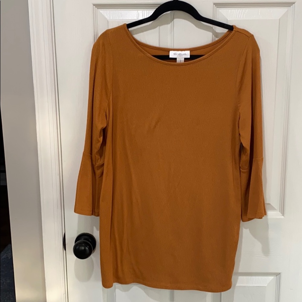 Cute camel color bell sleeve shirt from Motherhood